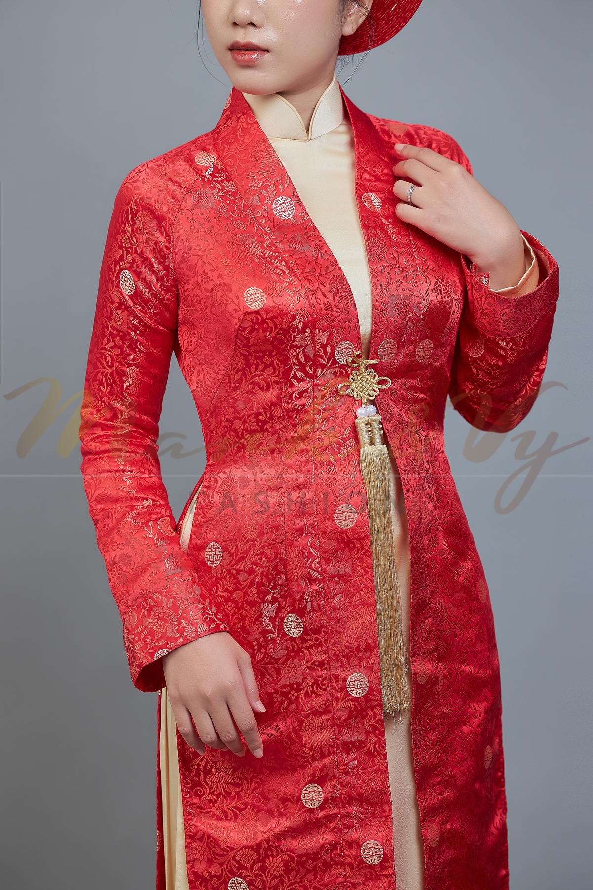 Wedding ao dai, Vietnamese long dress and traditional robe in red and champagne color