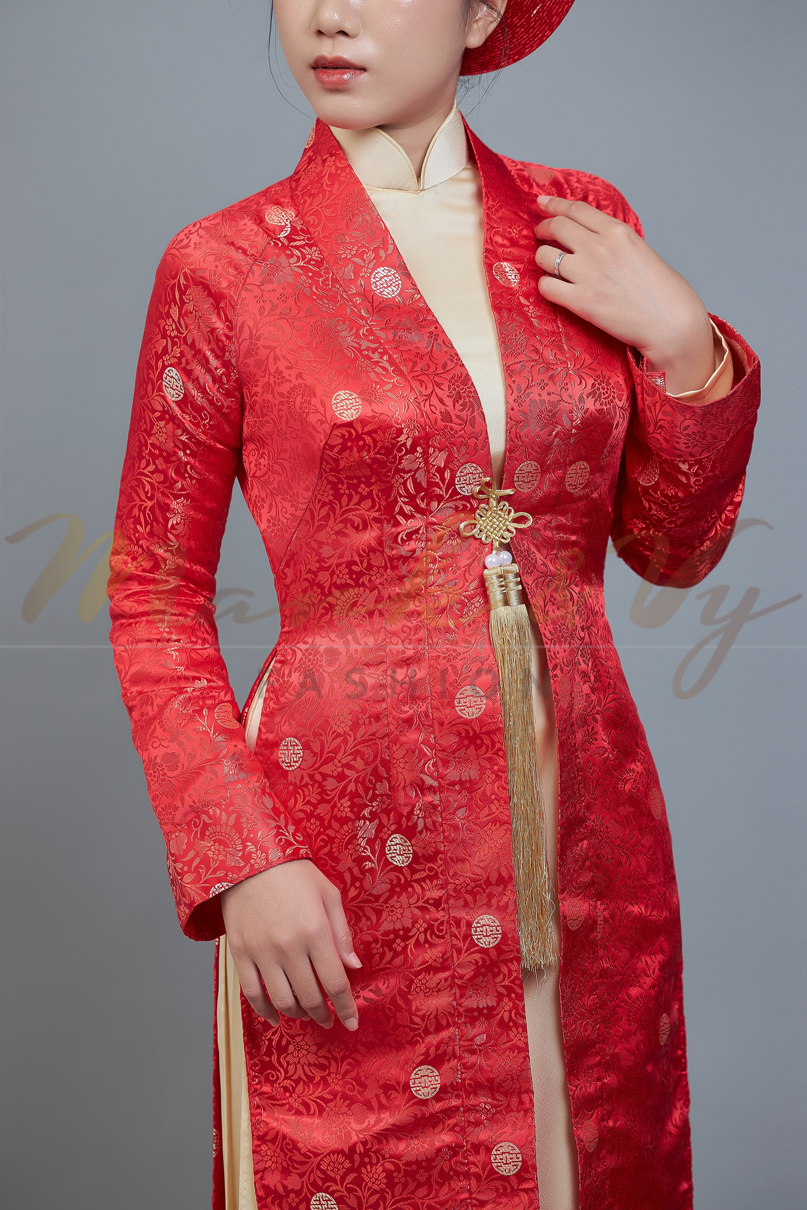 Wedding ao dai, Vietnamese long dress and traditional robe in red and champagne color