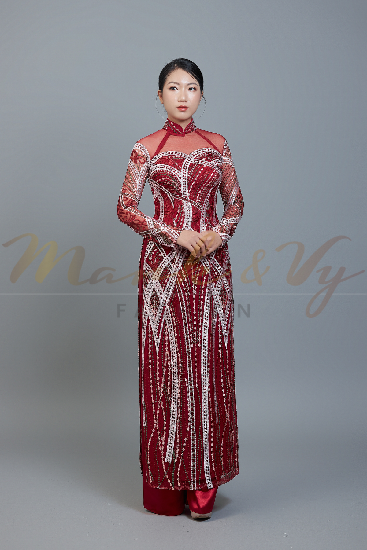 Custom Ao Dai featuring stunning lace over dark red/wine color chiffon lining