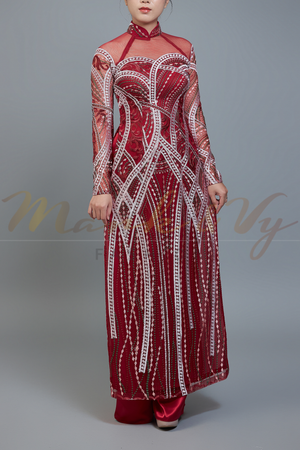 Custom Ao Dai featuring stunning lace over dark red/wine color chiffon lining