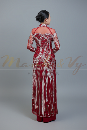Custom Ao Dai featuring stunning lace over dark red/wine color chiffon lining