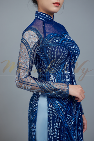 Custom Ao Dai featuring stunning lace over dark blue color chiffon lining