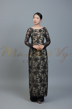 Custom Ao Dai. Black, floral motif lace over beige chiffon fabric.
