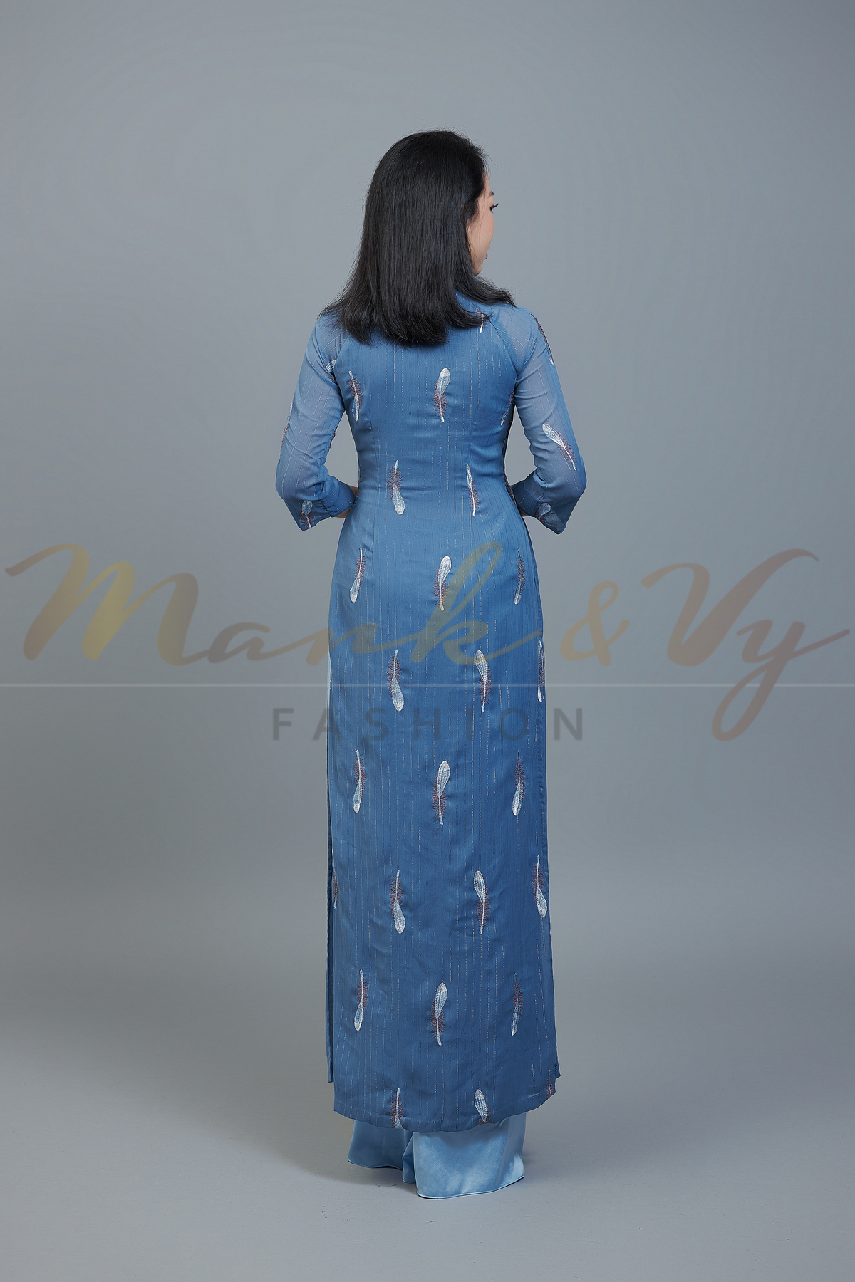 Custom Ao Dai featuring stunning sheer over blue chiffon