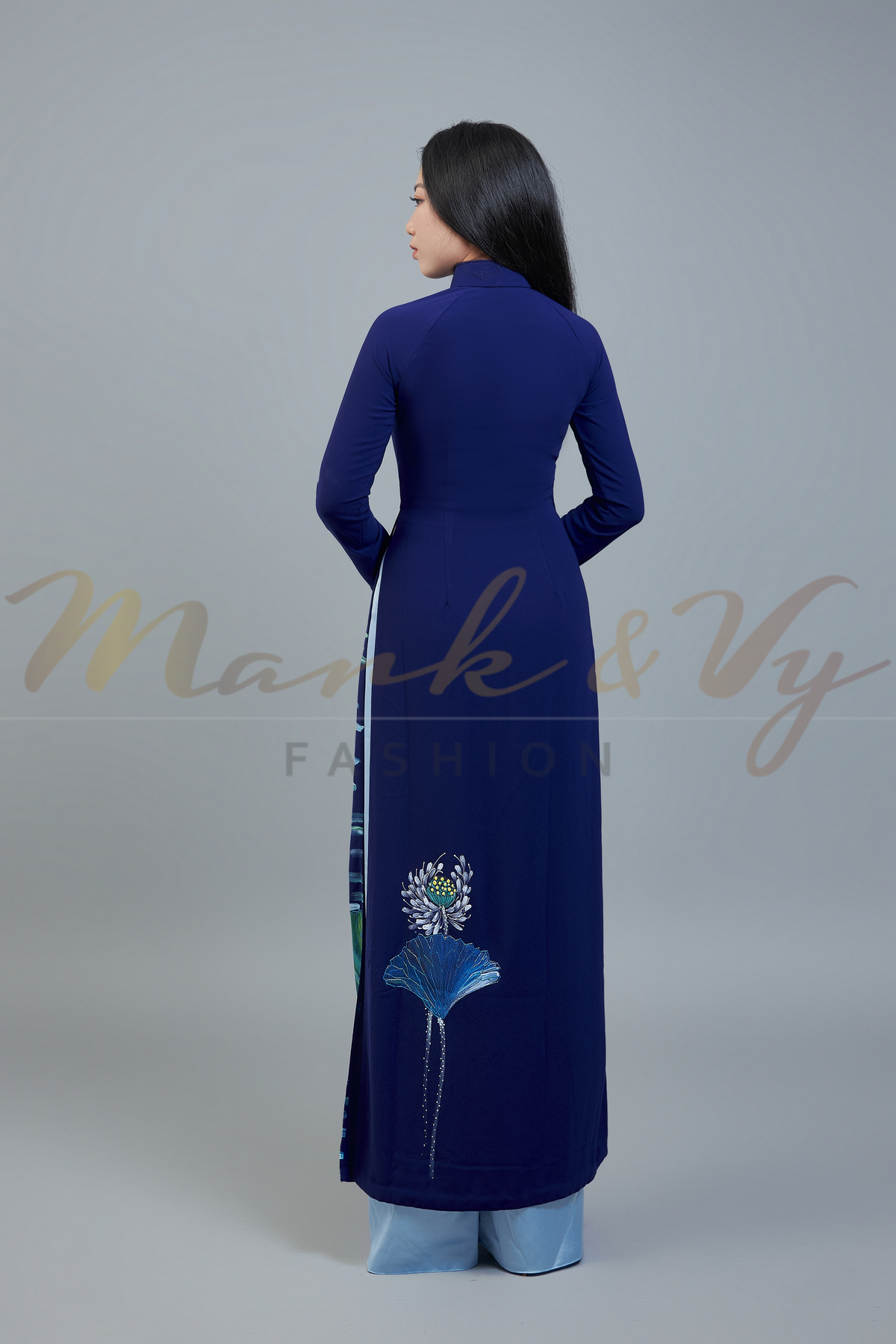 Custom made ao dai. Unique, hand-painted, dark blue fabric, traditional Vietnamese dress.