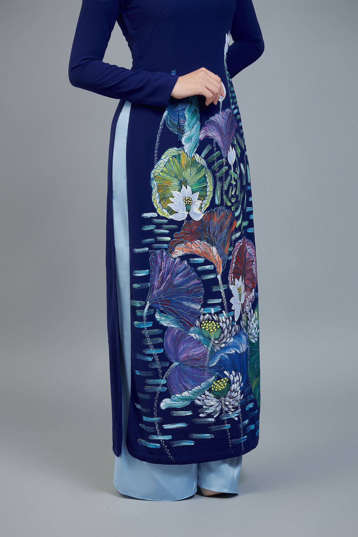 Custom made ao dai. Unique, hand-painted, dark blue fabric, traditional Vietnamese dress.