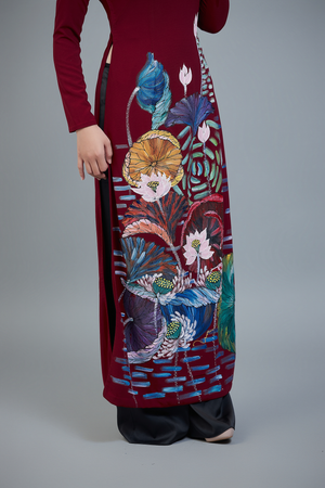 Custom made ao dai. Unique, hand-painted, wine color fabric, traditional Vietnamese dress.