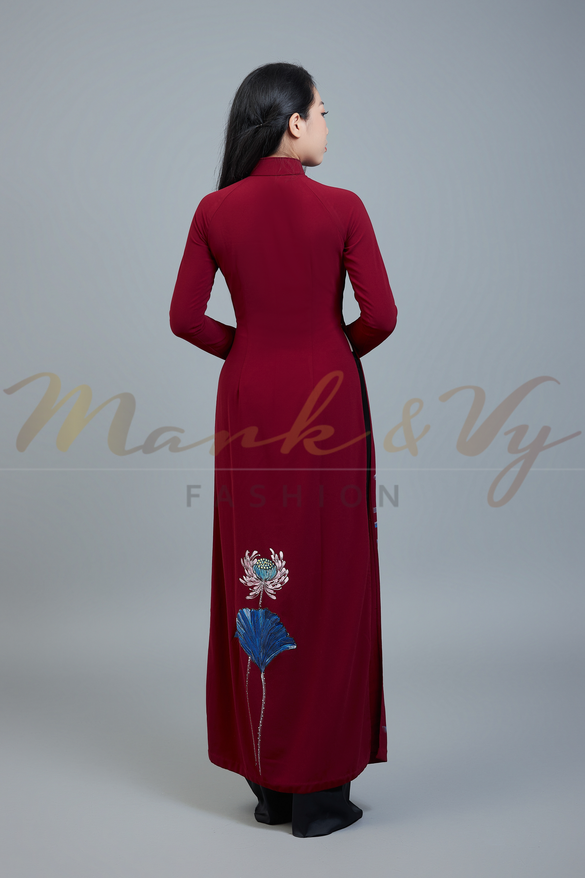 Custom made ao dai. Unique, hand-painted, wine color fabric, traditional Vietnamese dress.