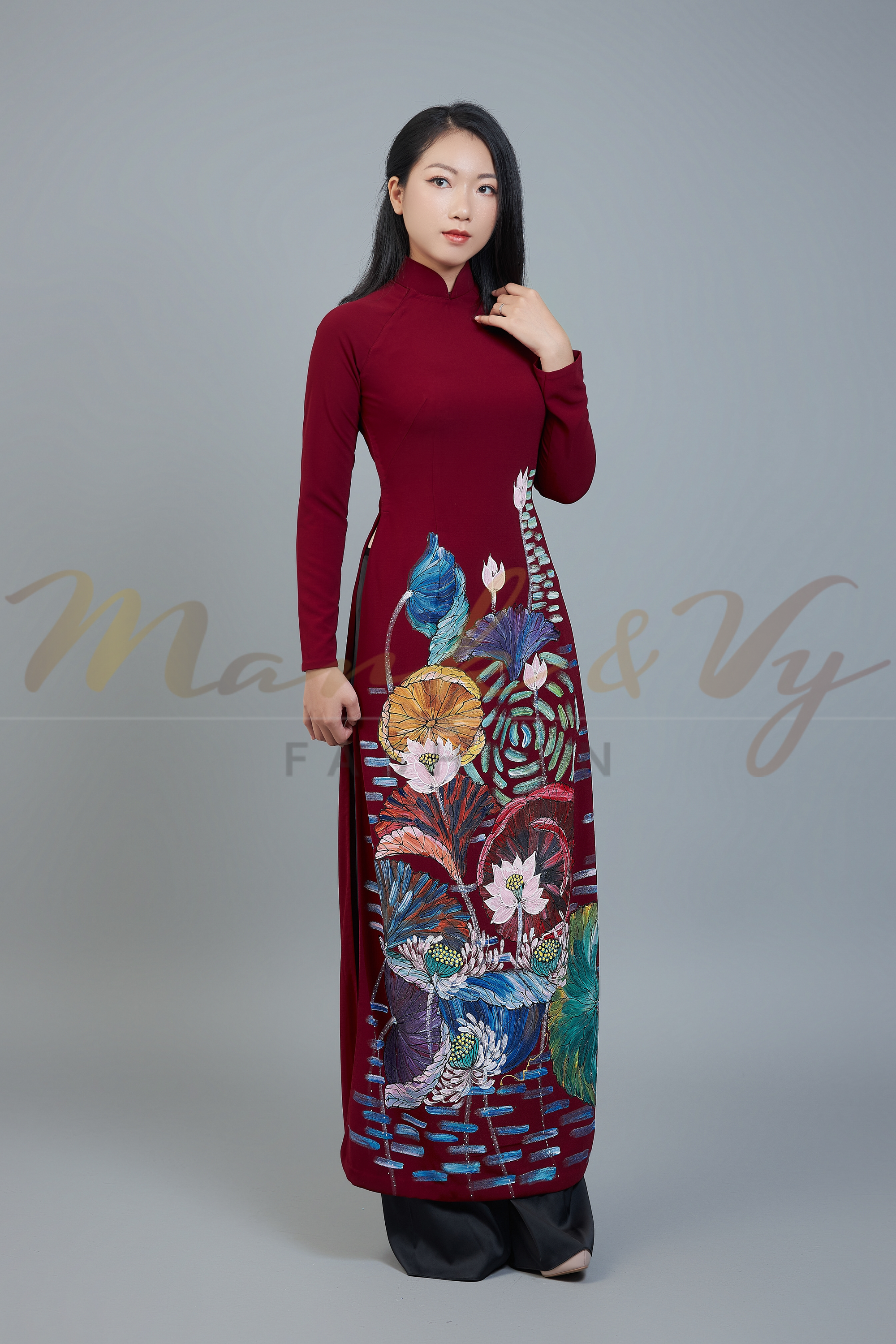 Custom made ao dai. Unique, hand-painted, wine color fabric, traditional Vietnamese dress.