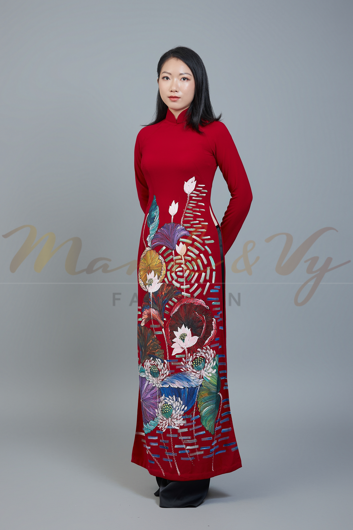 Custom made ao dai. Unique, hand-painted fabric in striking, red color.