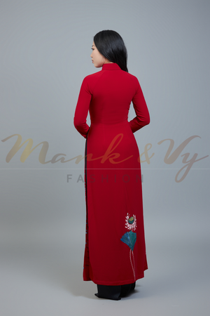 Custom made ao dai. Unique, hand-painted fabric in striking, red color.