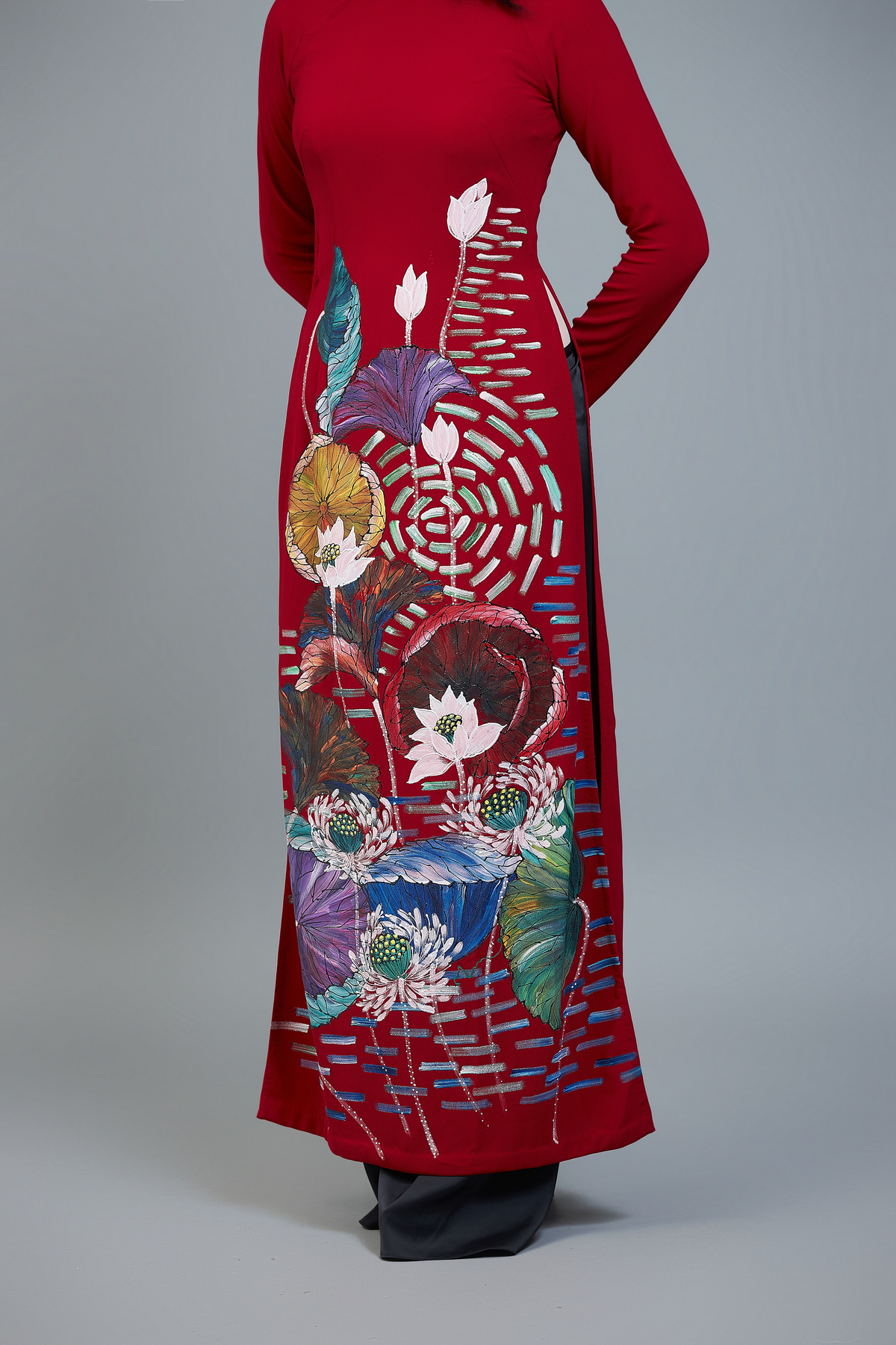 Custom made ao dai. Unique, hand-painted fabric in striking, red color.