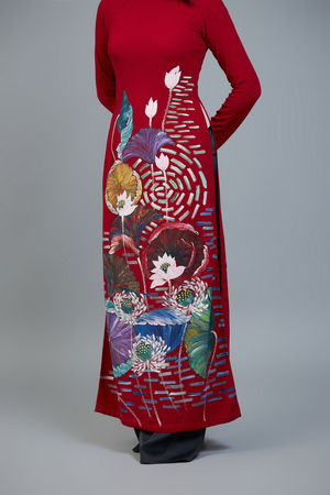 Custom made ao dai. Unique, hand-painted fabric in striking, red color.