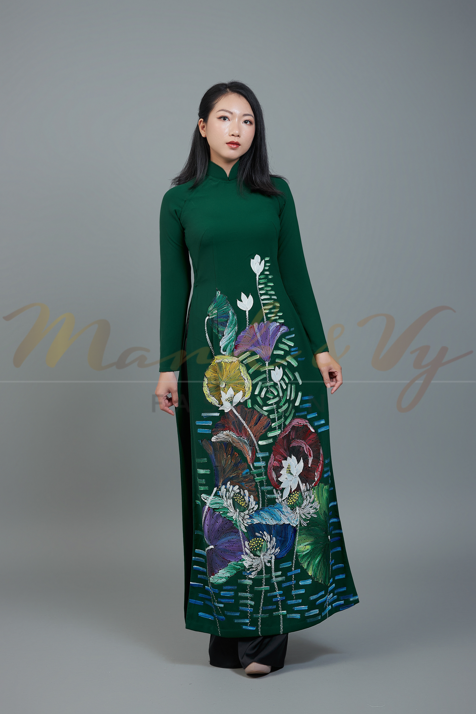 Custom made ao dai. Unique, lotus hand-painted in elegant, dark green color.