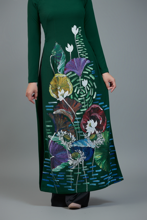 Custom made ao dai. Unique, hand-painted fabric in elegant, dark green color.
