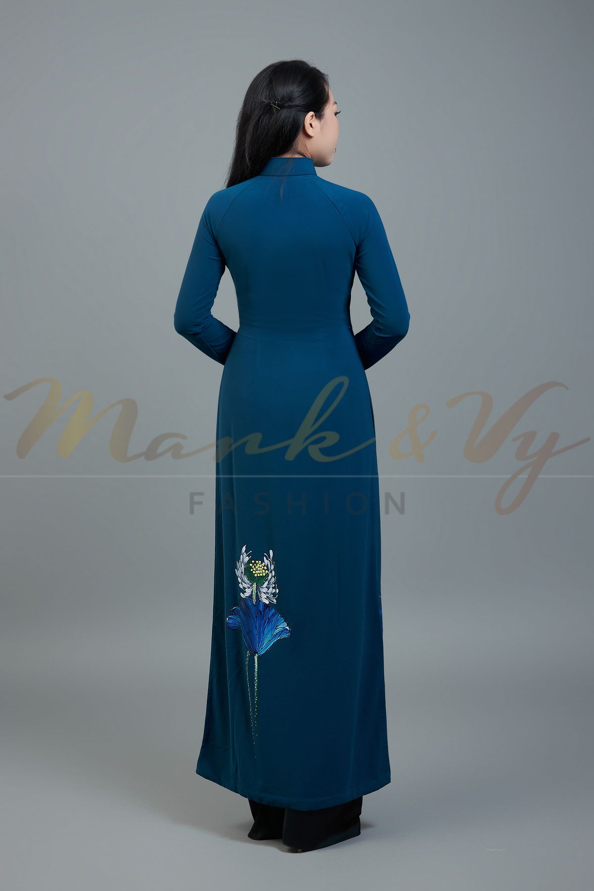 Custom made ao dai. Unique, hand-painted fabric in elegant teal color.