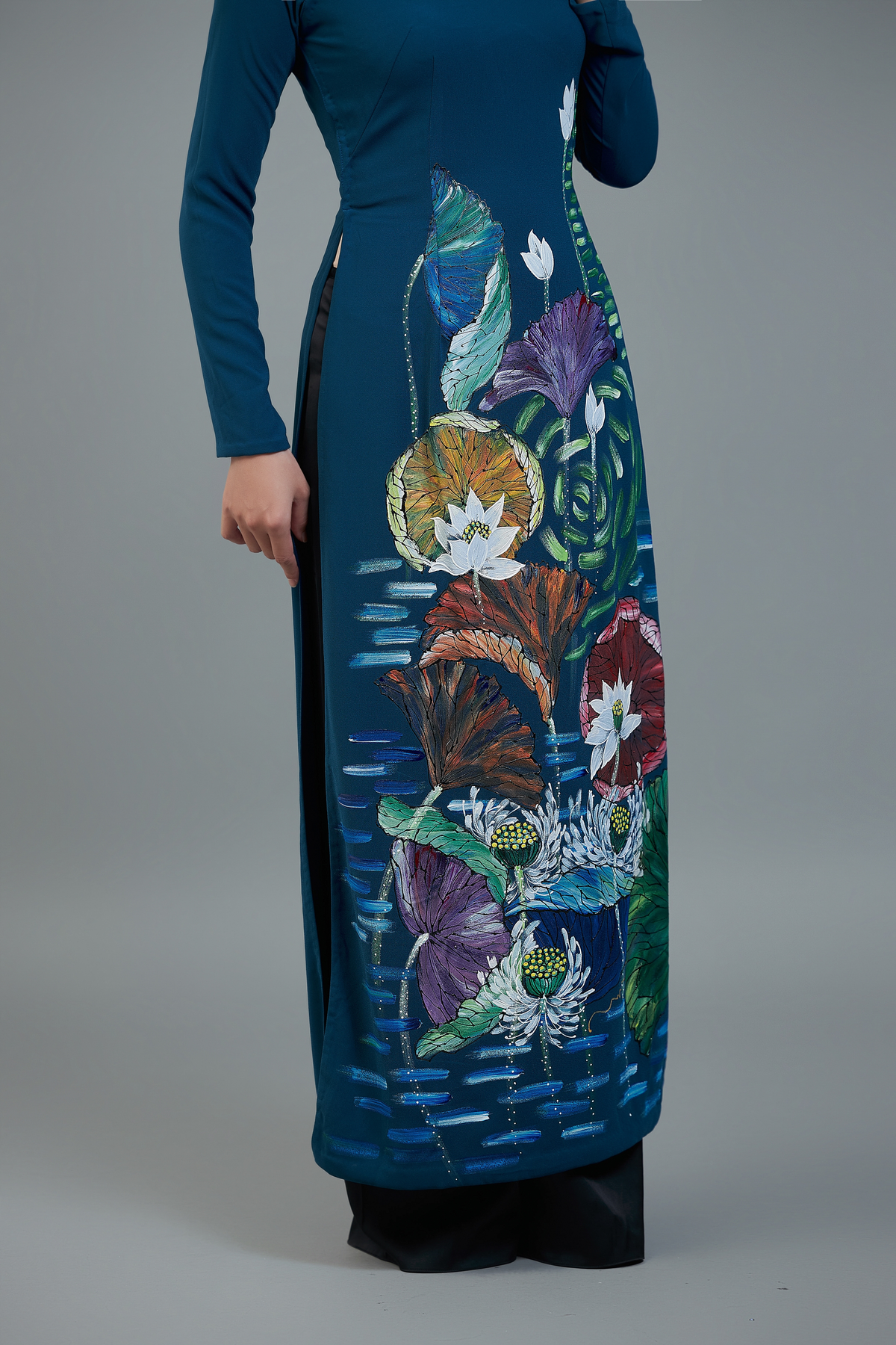Custom made ao dai. Unique, hand-painted fabric in elegant teal color.