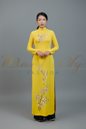 Custom made ao dai. Unique, hand-painted, floral motif on yellow fabric.