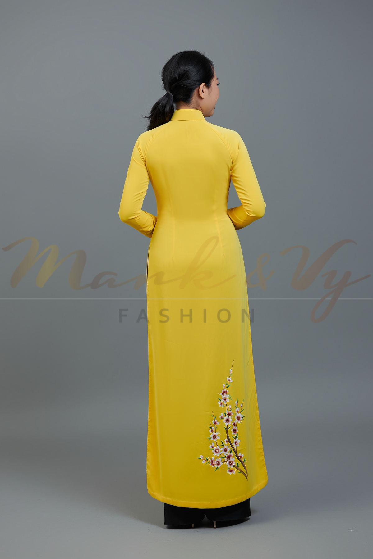 Custom made ao dai. Unique, hand-painted, floral motif on yellow fabric.
