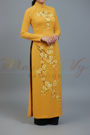 Custom made ao dai. Unique, hand-painted, floral motif on dark yellow fabric.