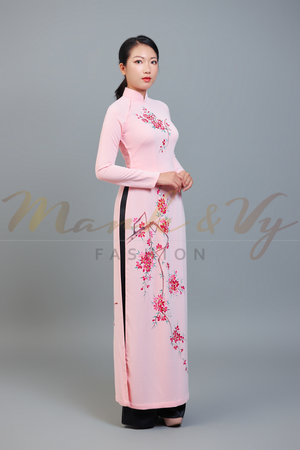 Custom made ao dai. Unique, hand-painted, floral motif on light pink fabric.
