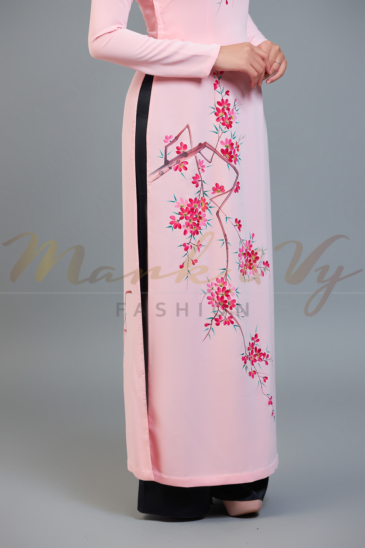 Custom made ao dai. Unique, hand-painted, floral motif on light pink fabric.