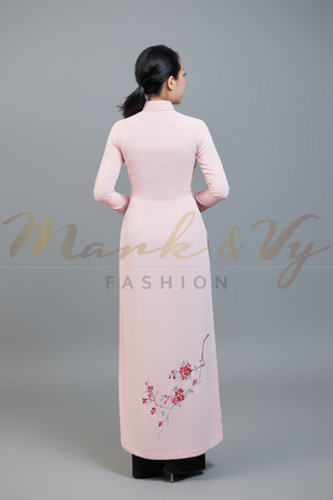 Custom made ao dai. Unique, hand-painted, floral motif on light pink fabric.