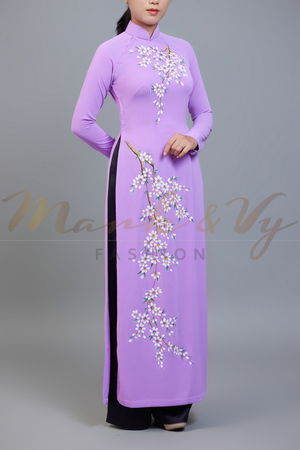 Custom made ao dai. Unique, hand-painted, floral motif on light purple fabric.