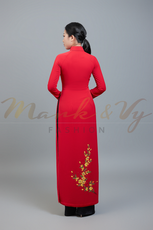 Custom made ao dai. Unique, hand-painted, floral motif on striking, red fabric.