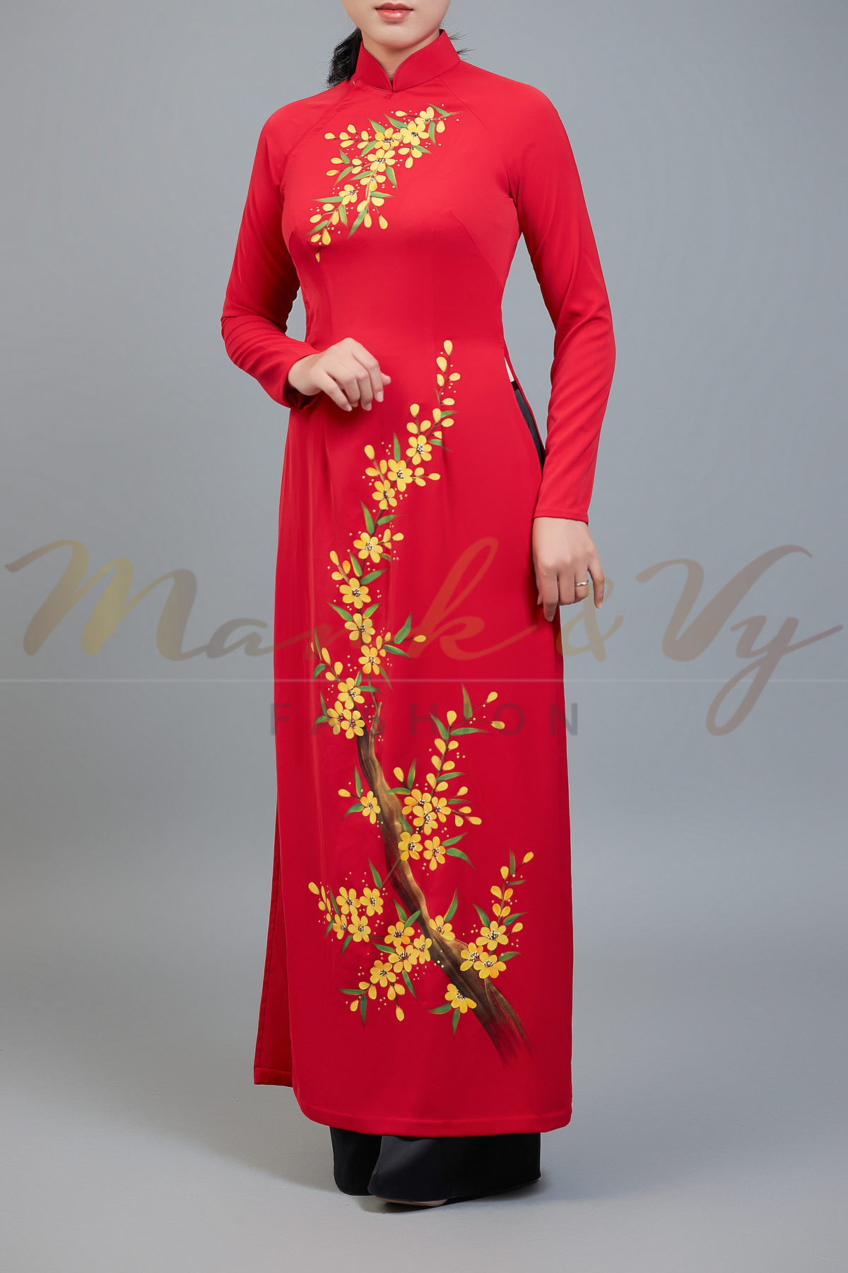 Custom made ao dai. Unique, hand-painted, floral motif on striking, red fabric.