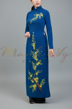 Custom made ao dai. Unique, hand-painted, floral motif on stunning blue fabric.