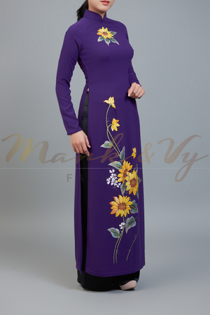 Custom made ao dai. Unique, hand-painted, floral motif on regal, purple fabric.