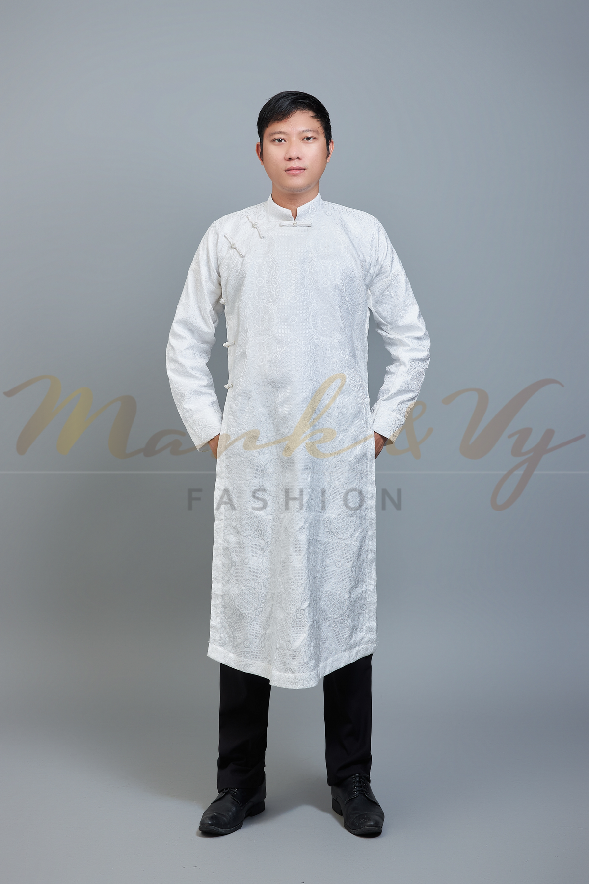 Men's ao dai in white - Vietnamese national clothing. Free custom fit.