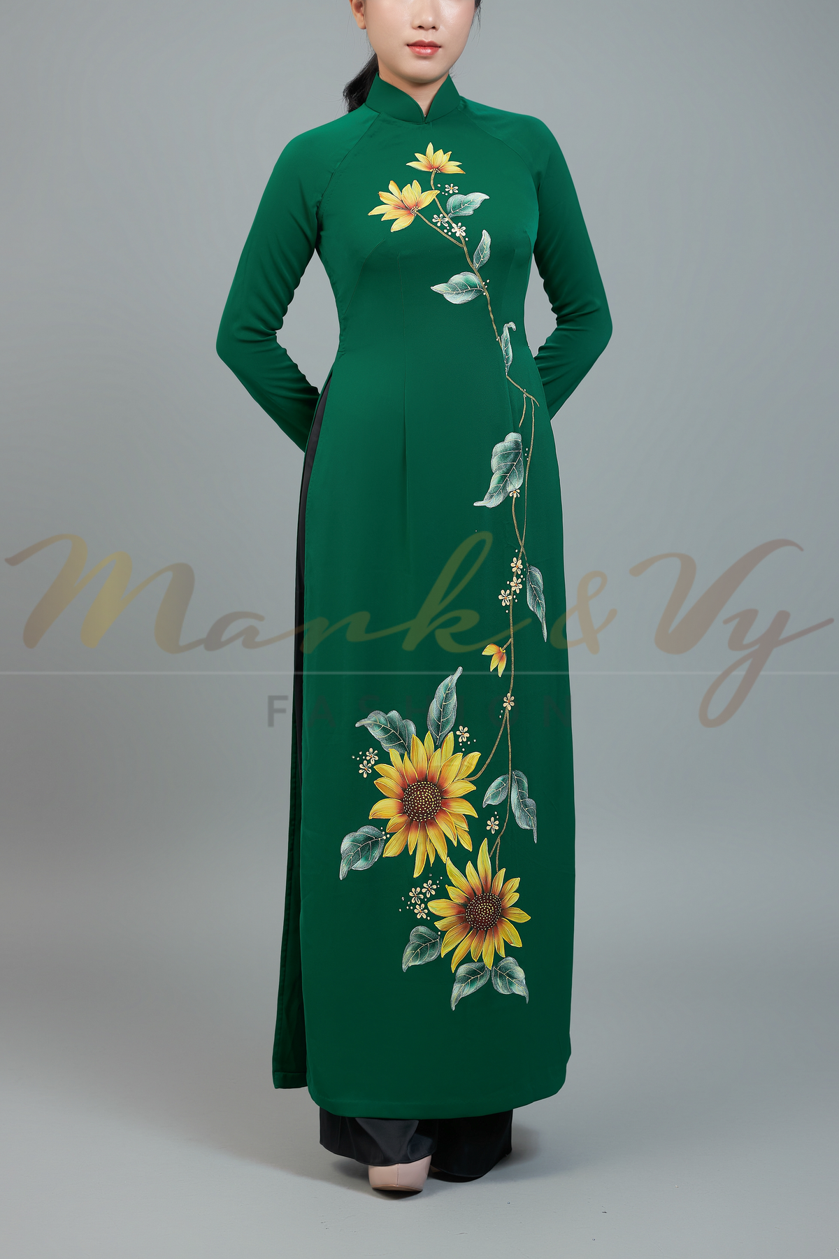 Custom made ao dai. Unique, hand-painted, floral motif on elegant, green fabric.