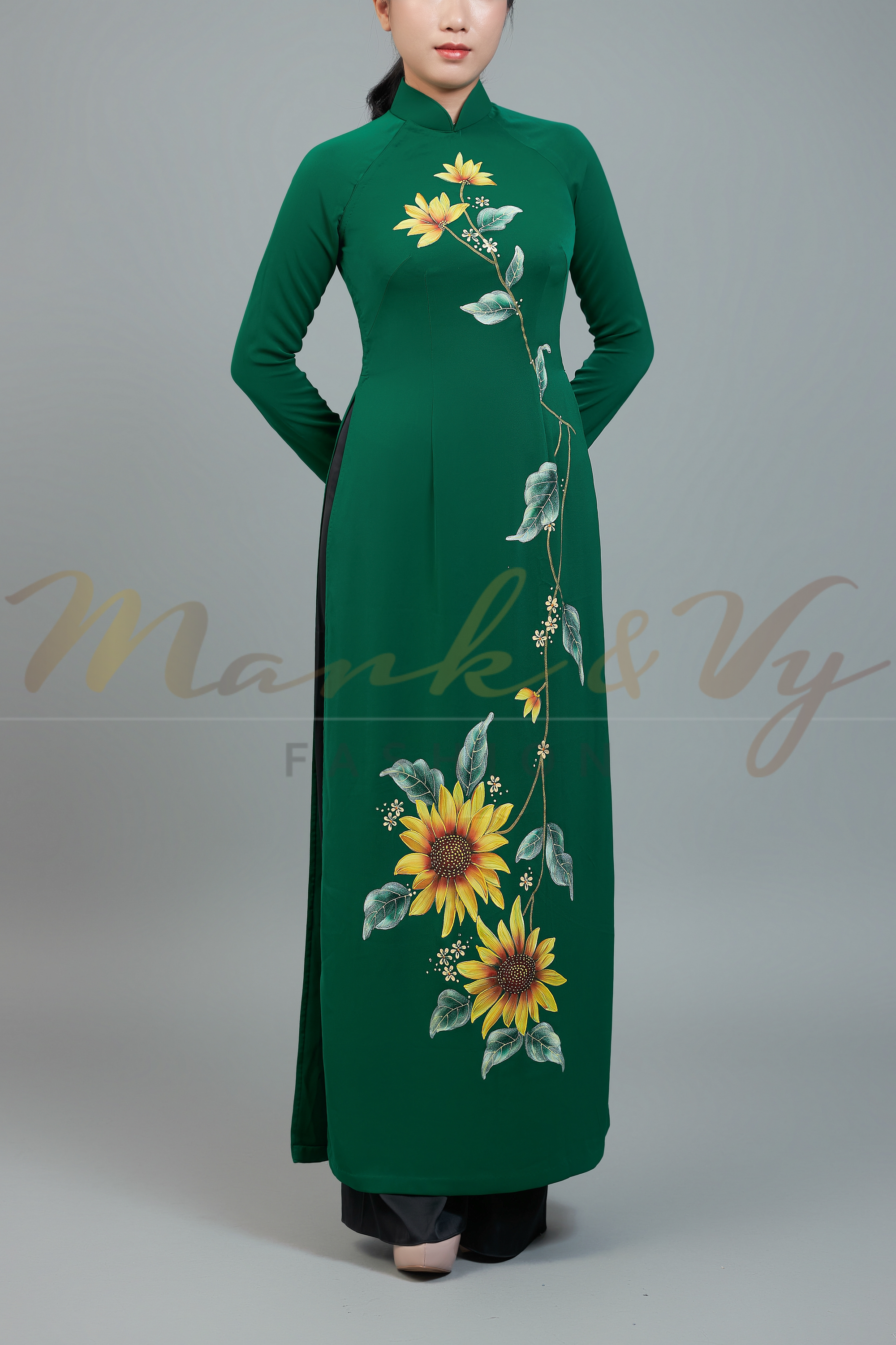 Custom made ao dai. Unique, hand-painted, floral motif on elegant, green fabric.