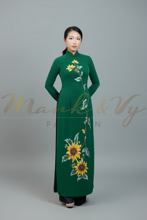Custom made ao dai. Unique, hand-painted, floral motif on elegant, green fabric.