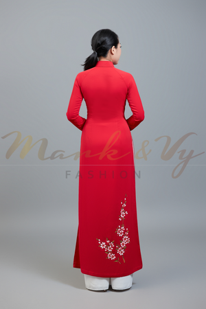 Custom made ao dai. Unique, hand-painted, floral motif on eye-catching, red fabric.