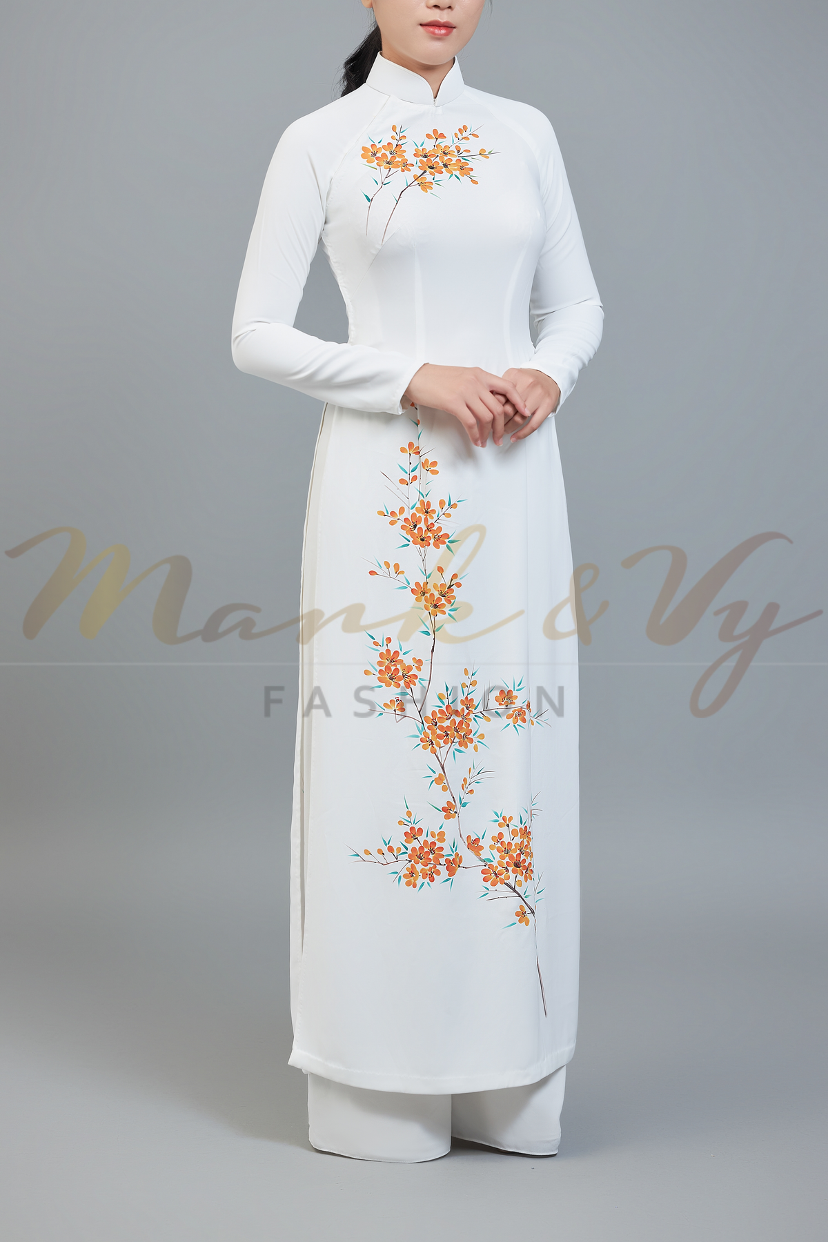 Custom made ao dai. Unique, hand-painted, floral motif on stunning, white fabric.