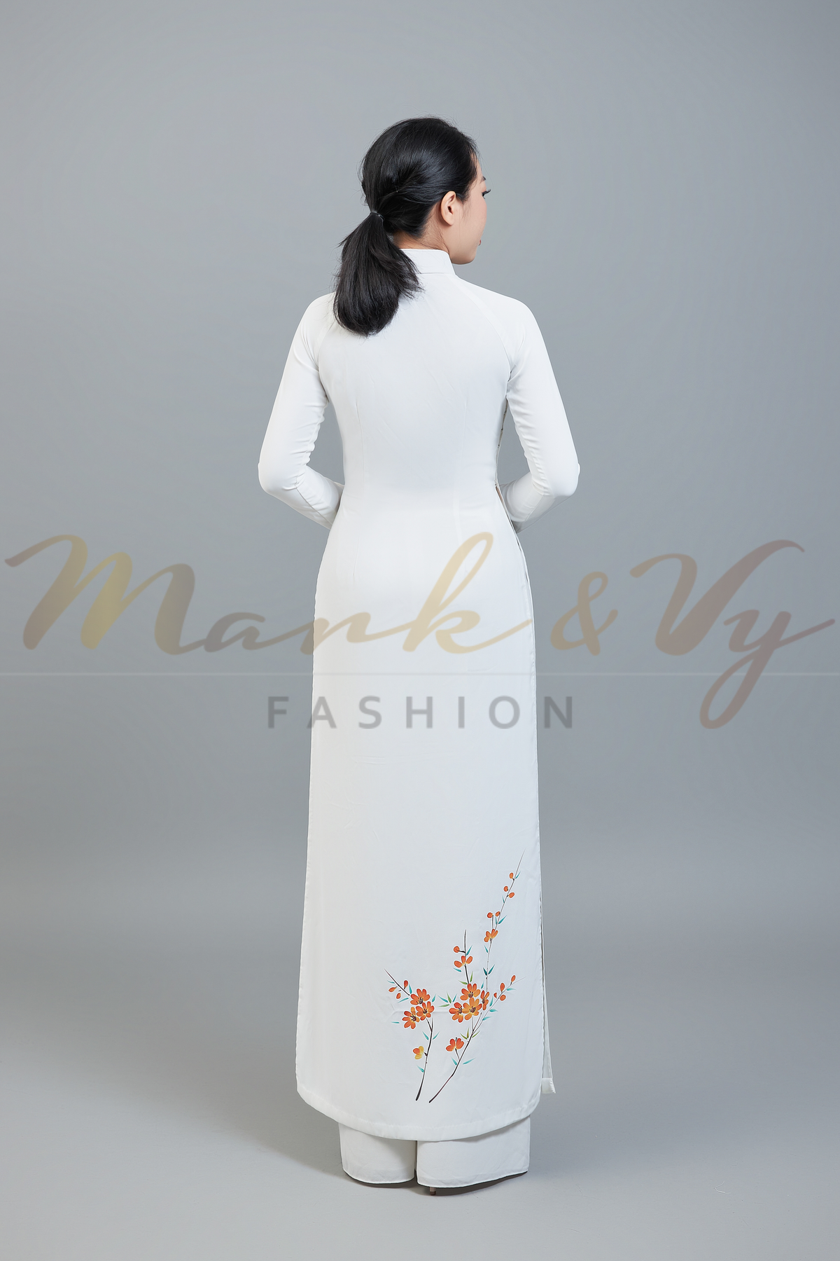 Custom made ao dai. Unique, hand-painted, floral motif on stunning, white fabric.