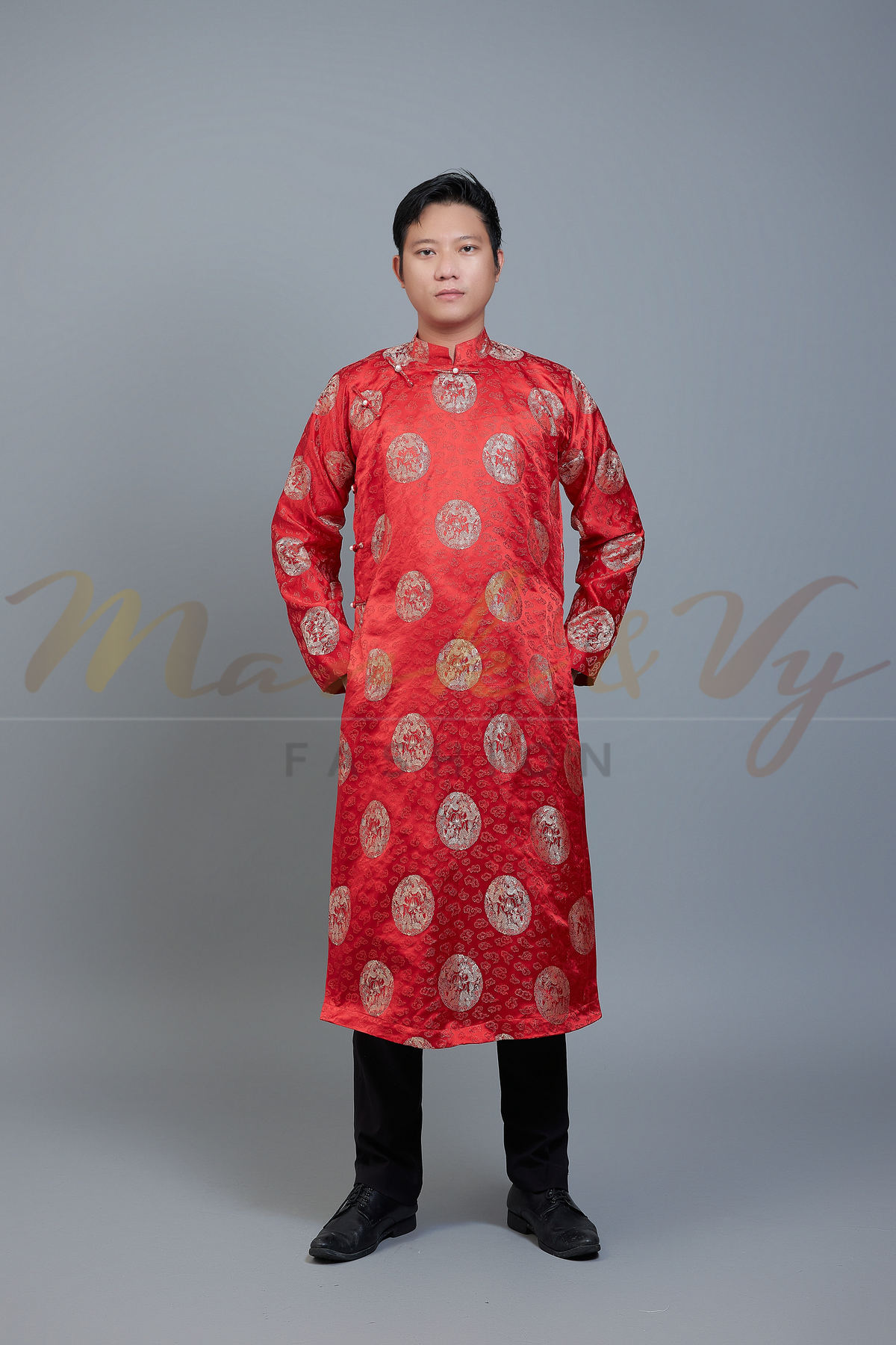 Men's ao dai in red and gold color - Vietnamese national clothing. Free custom fit.
