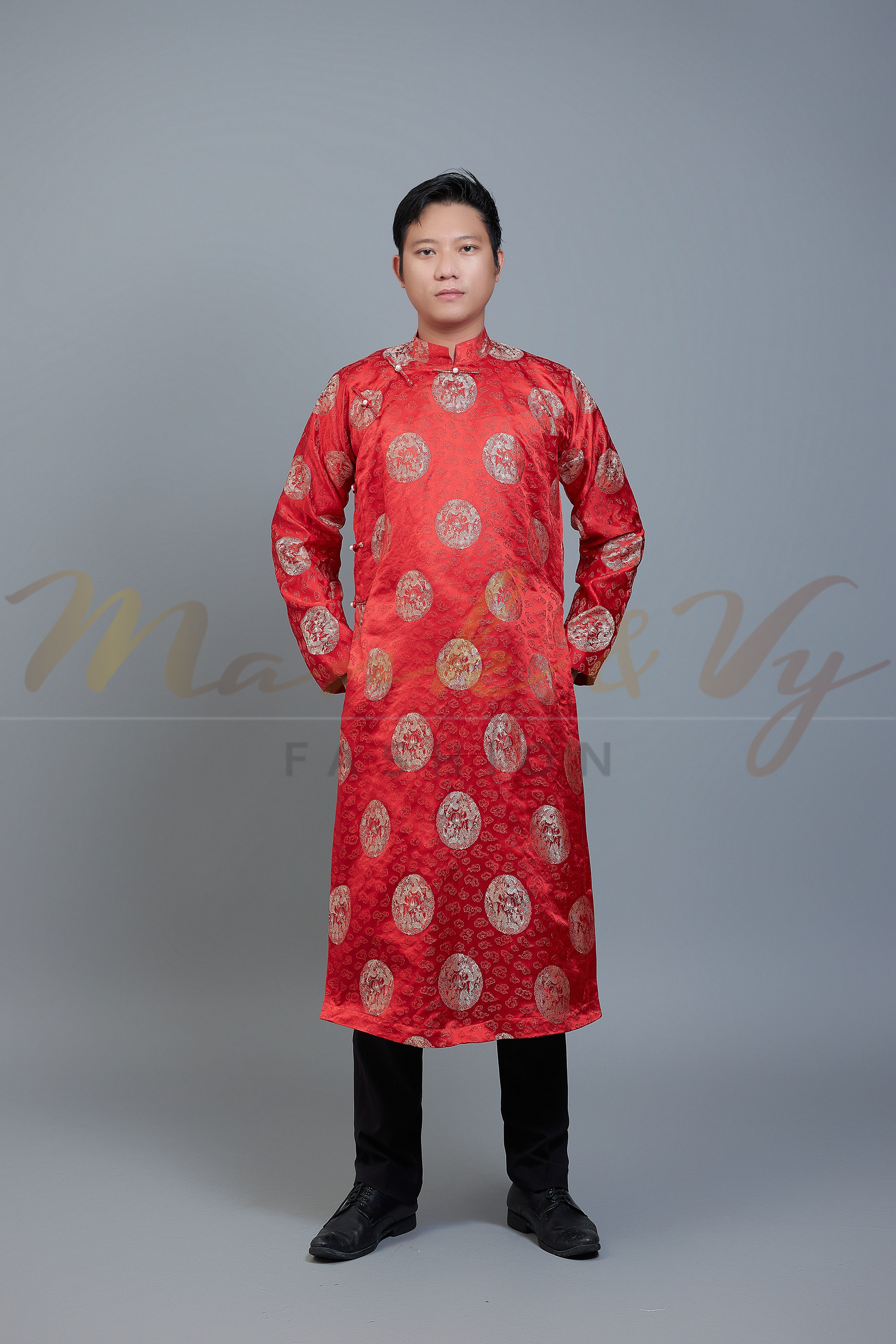 Men's ao dai in red and gold color - Vietnamese national clothing. Free custom fit.
