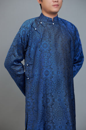 Men's ao dai in blue and black fabric - Vietnamese national clothing. Free custom fit.