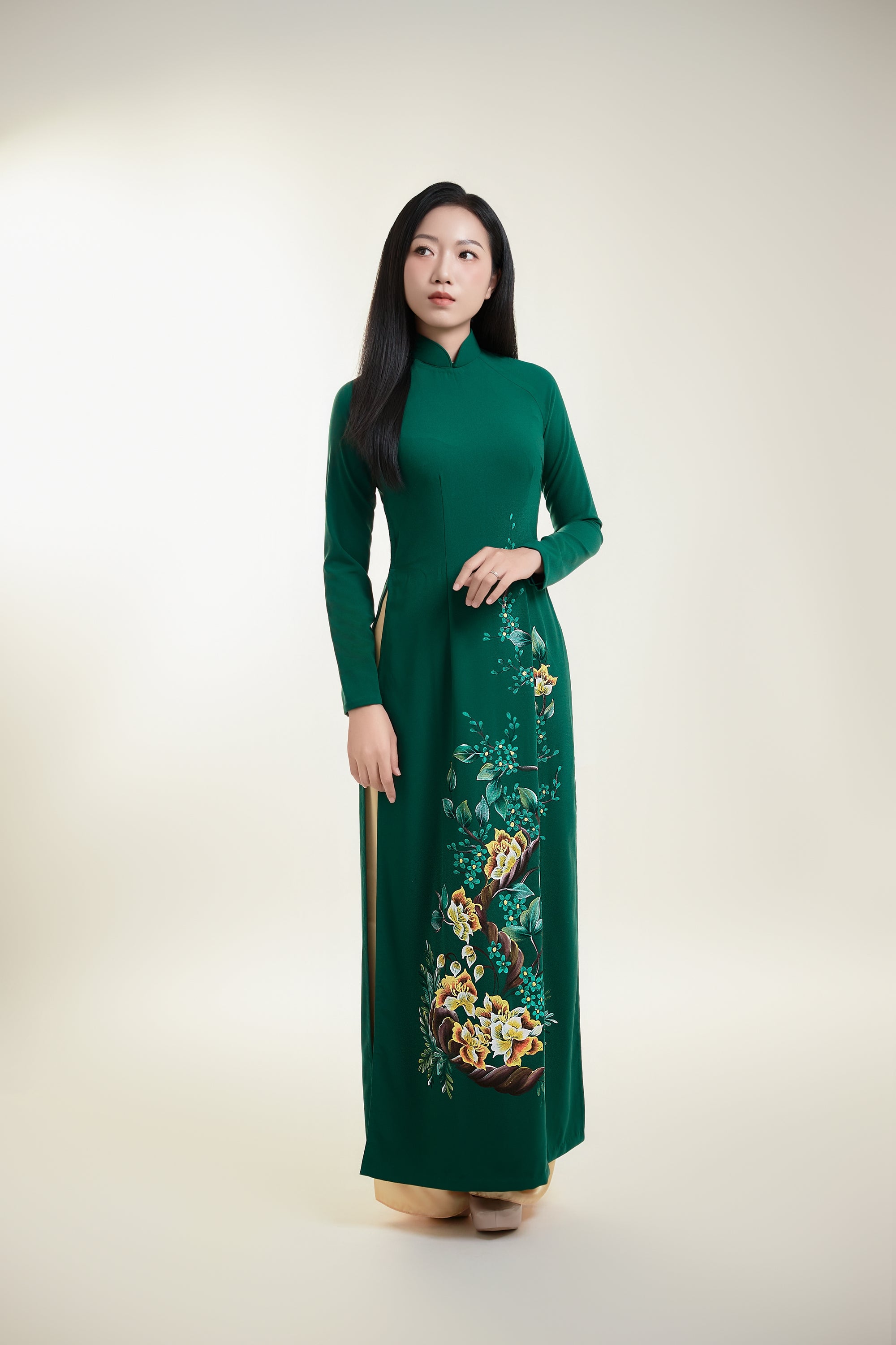 Floral Hand-painted Ao Dai on Green Silk