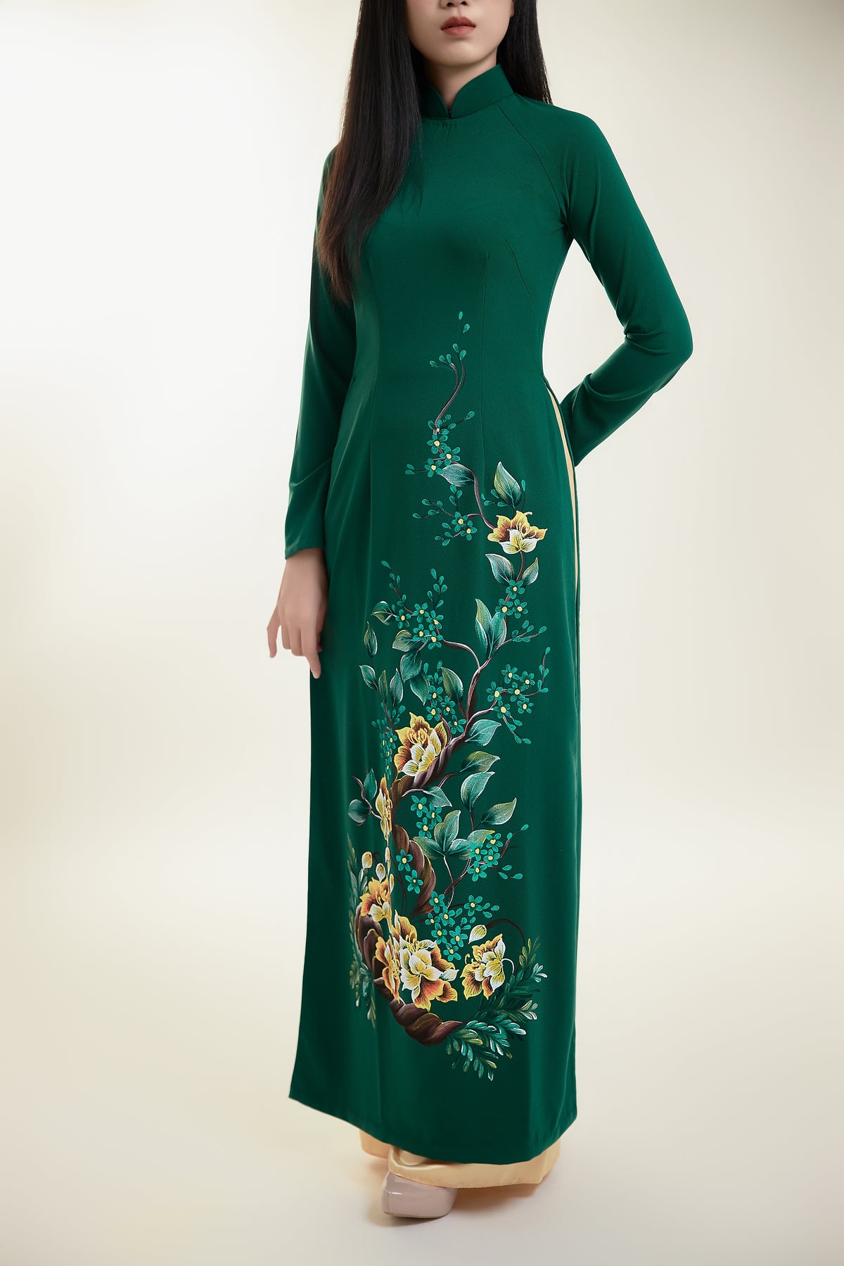 Floral Hand-painted Ao Dai on Green Silk