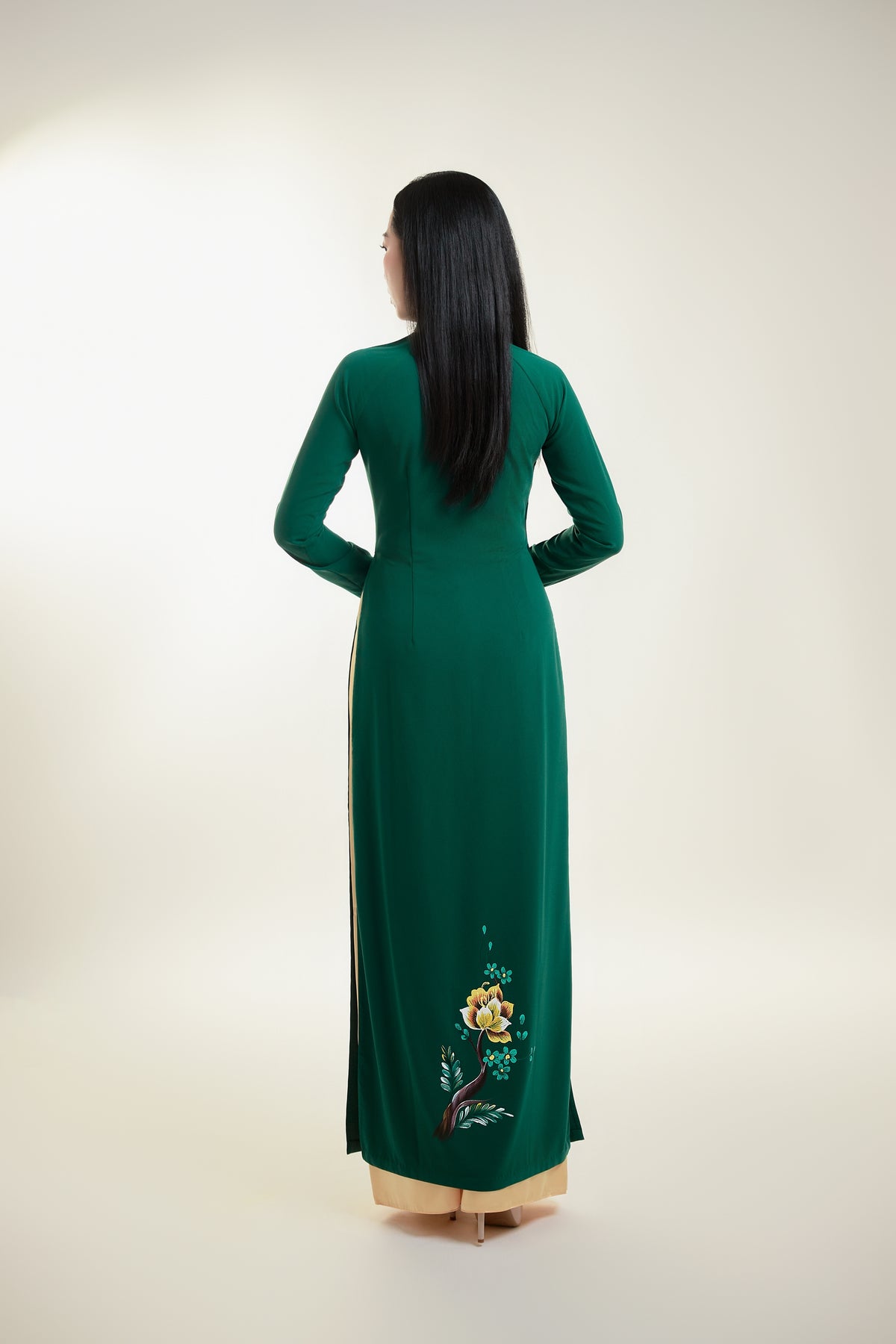 Floral Hand-painted Ao Dai on Green Silk