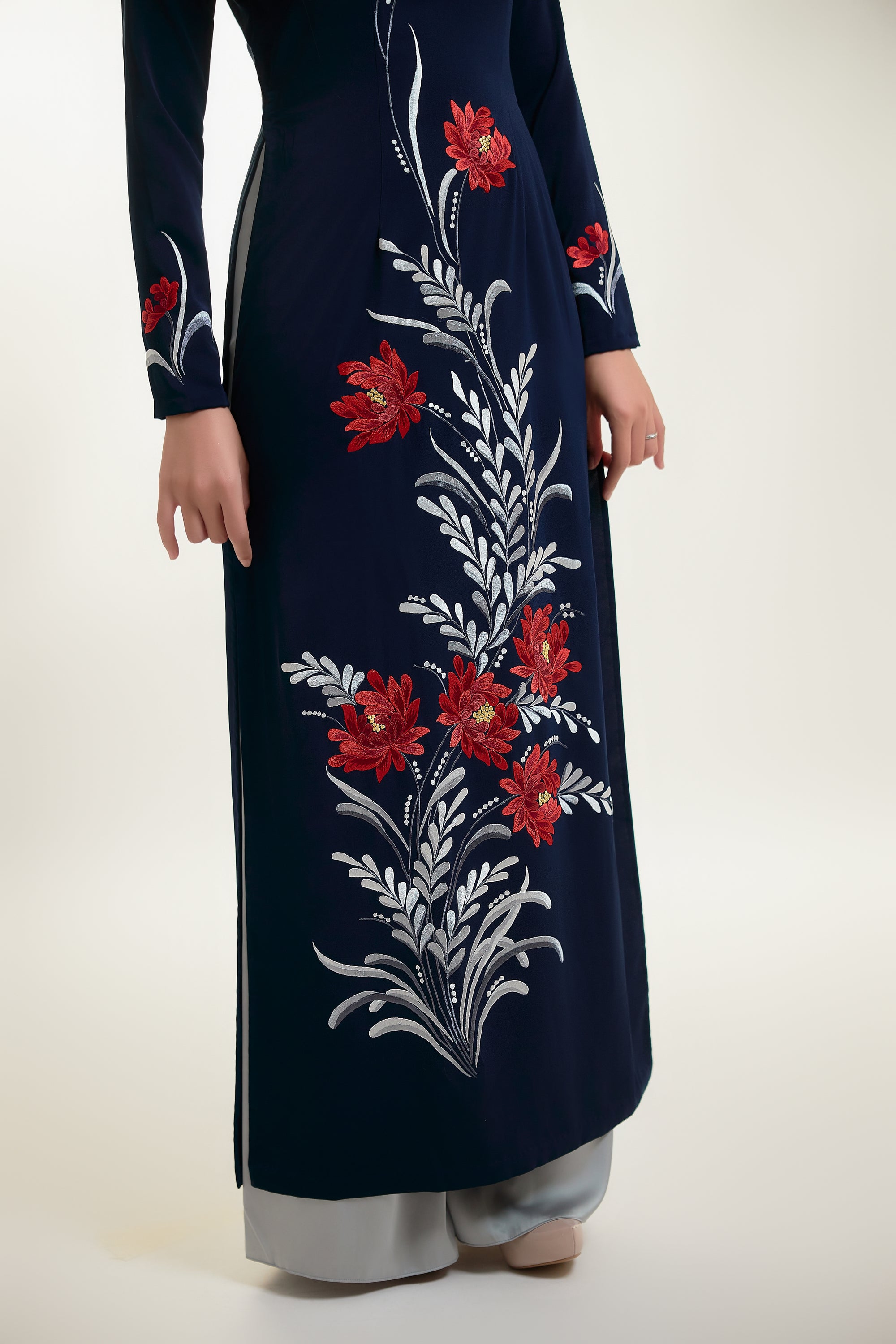 Ao Dai with Red Chrysanthemum Embroidered on Dark Blue Silk