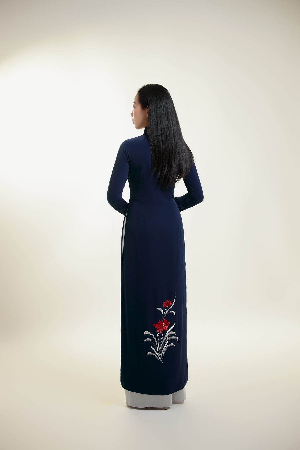 Ao Dai with Red Chrysanthemum Embroidered on Dark Blue Silk