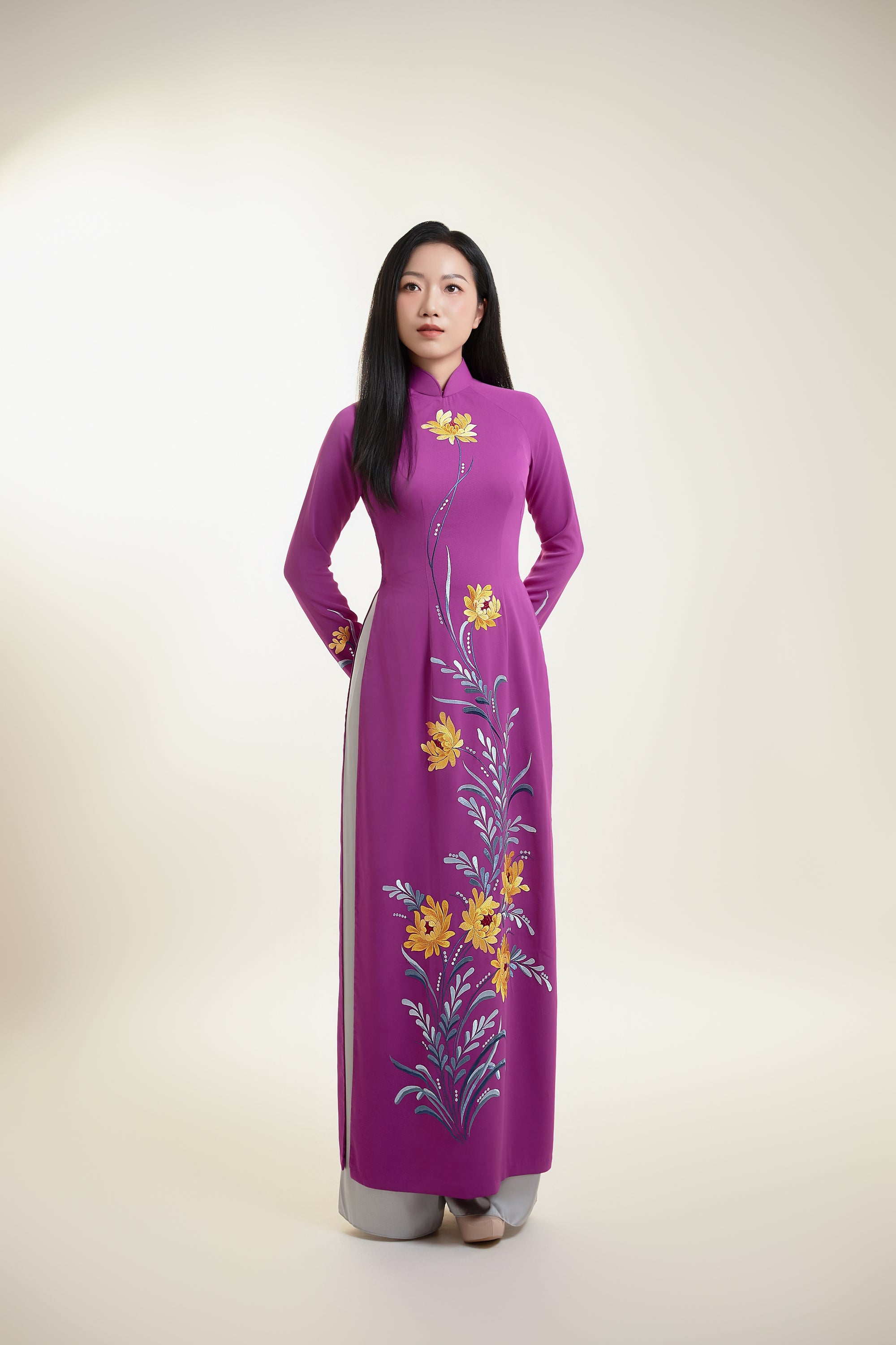 Ao Dai with Chrysanthemum Embroidered on Magenta Silk