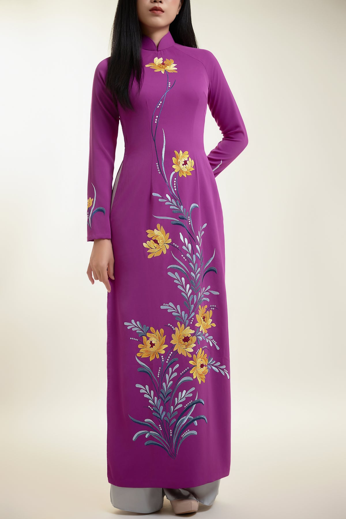 Ao Dai with Chrysanthemum Embroidered on Magenta Silk