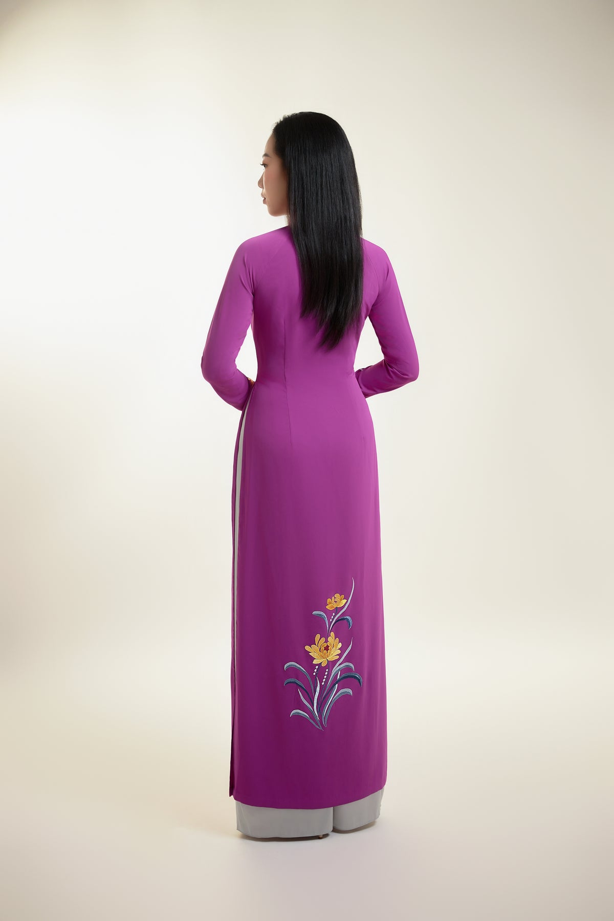 Ao Dai with Chrysanthemum Embroidered on Magenta Silk